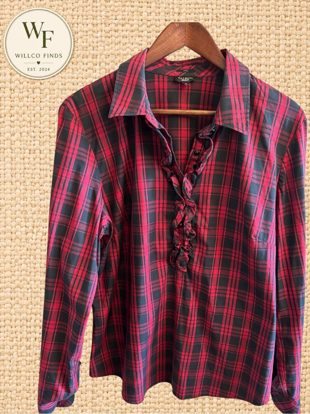 Talbots Stretch Size 16 Red Black Plaid Ruffle Front Button Down Blouse